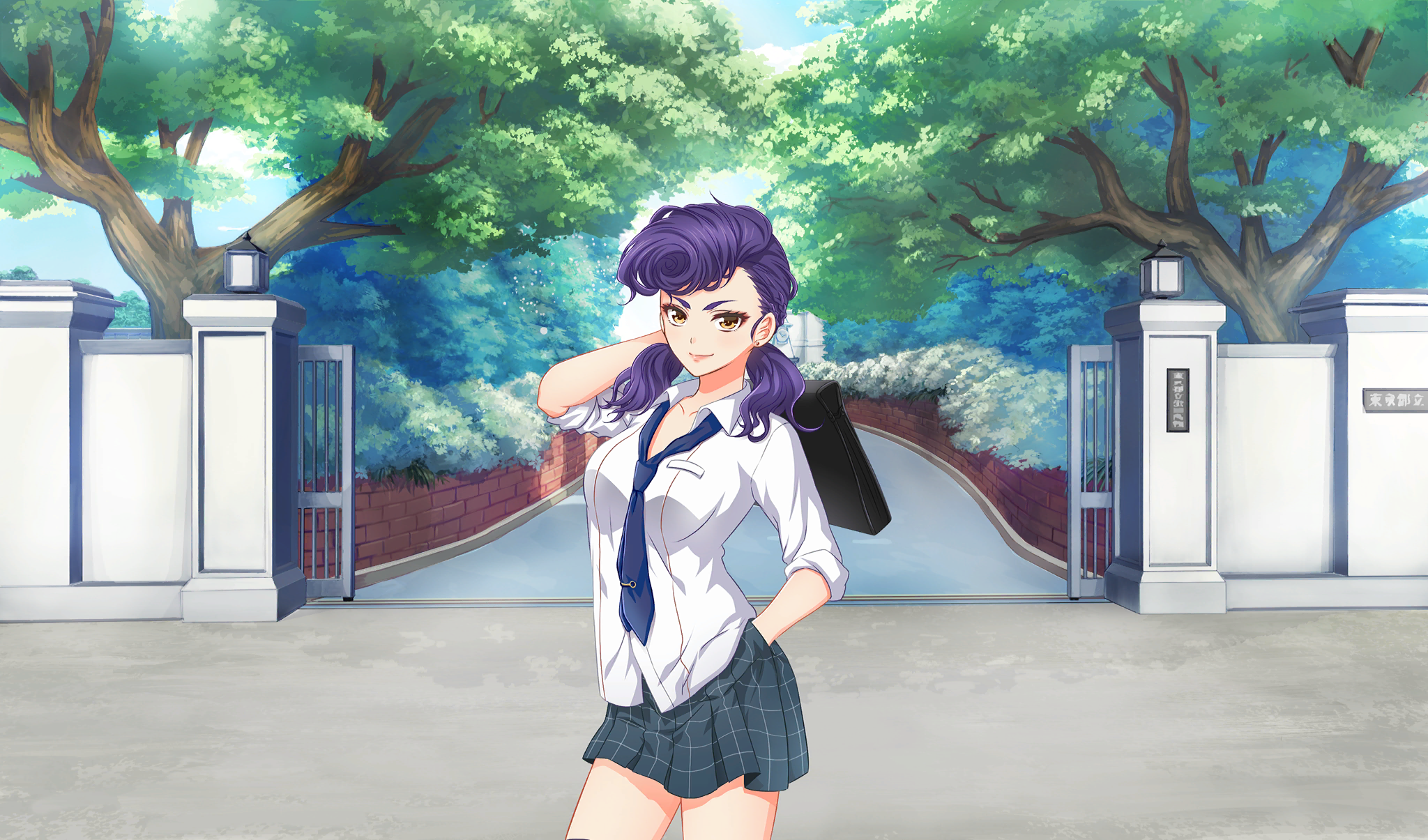 1girl arm_behind_head bag black_bag blue_necktie cinderella_series closed_mouth game_cg grey_skirt hachigatsu_no_cinderella_nine hand_in_pocket highres holding holding_bag izumida_kyouka long_hair looking_at_viewer low_twintails necktie non-web_source official_art orange_eyes outdoors plaid_clothes plaid_skirt pleated_skirt pompadour purple_hair sailor_collar satogahama_school_uniform school_gateway school_uniform serafuku shirt short_sleeves skirt sleeves_rolled_up smile solo standing summer_uniform tree twintails white_sailor_collar white_shirt