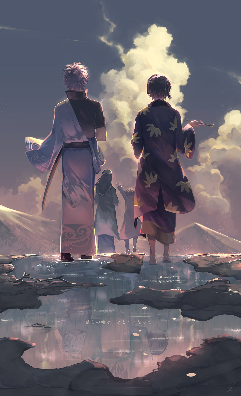 4boys arm_up black_footwear black_hair black_shirt blue_kimono blue_sky bokken boots child cloud coat commentary_request day different_reflection from_behind gintama grey_hair hadanugi_dousa highres holding holding_smoking_pipe japanese_clothes katsura_kotarou kimono kiseru long_hair long_sleeves male_focus mountain multiple_boys open_kimono outdoors purple_kimono red_coat reflection ripples saihate_(d3) sakamoto_tatsuma sakata_gintoki shirt short_sleeves sky smoking_pipe sword takasugi_shinsuke translation_request water weapon white_kimono wide_sleeves wooden_sword