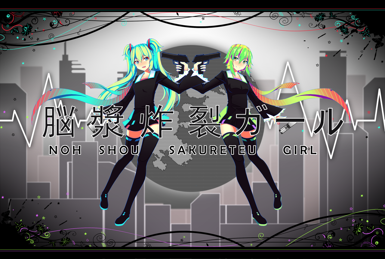 2girls aqua_eyes aqua_hair boots cellphone green_eyes green_hair gumi gun gun_to_head handgun hatsune_miku hei-neko holding holding_gun holding_weapon letterboxed long_hair multiple_girls noushou_sakuretsu_girl_(vocaloid) phone pistol short_hair symmetry thigh_boots thighhighs twintails very_long_hair vocaloid weapon