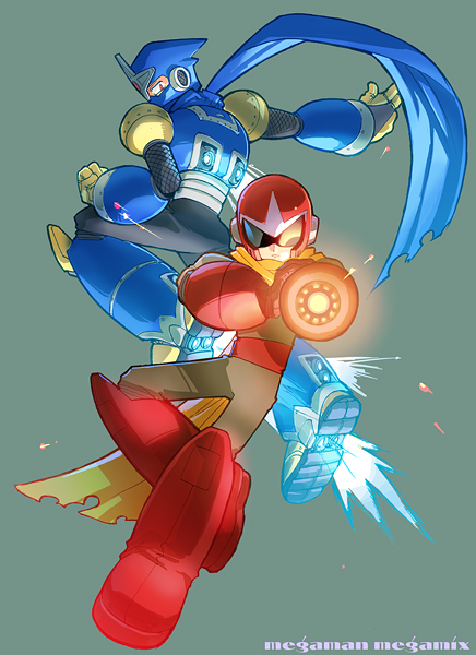 2boys aiming aiming_at_viewer android arm_cannon armor capcom copyright_name mega_man_(classic) mega_man_(series) mega_man_3 mega_man_megamix miyako_nagi multiple_boys ninja proto_man robot scarf shadow_man_(mega_man) shuriken sunglasses weapon