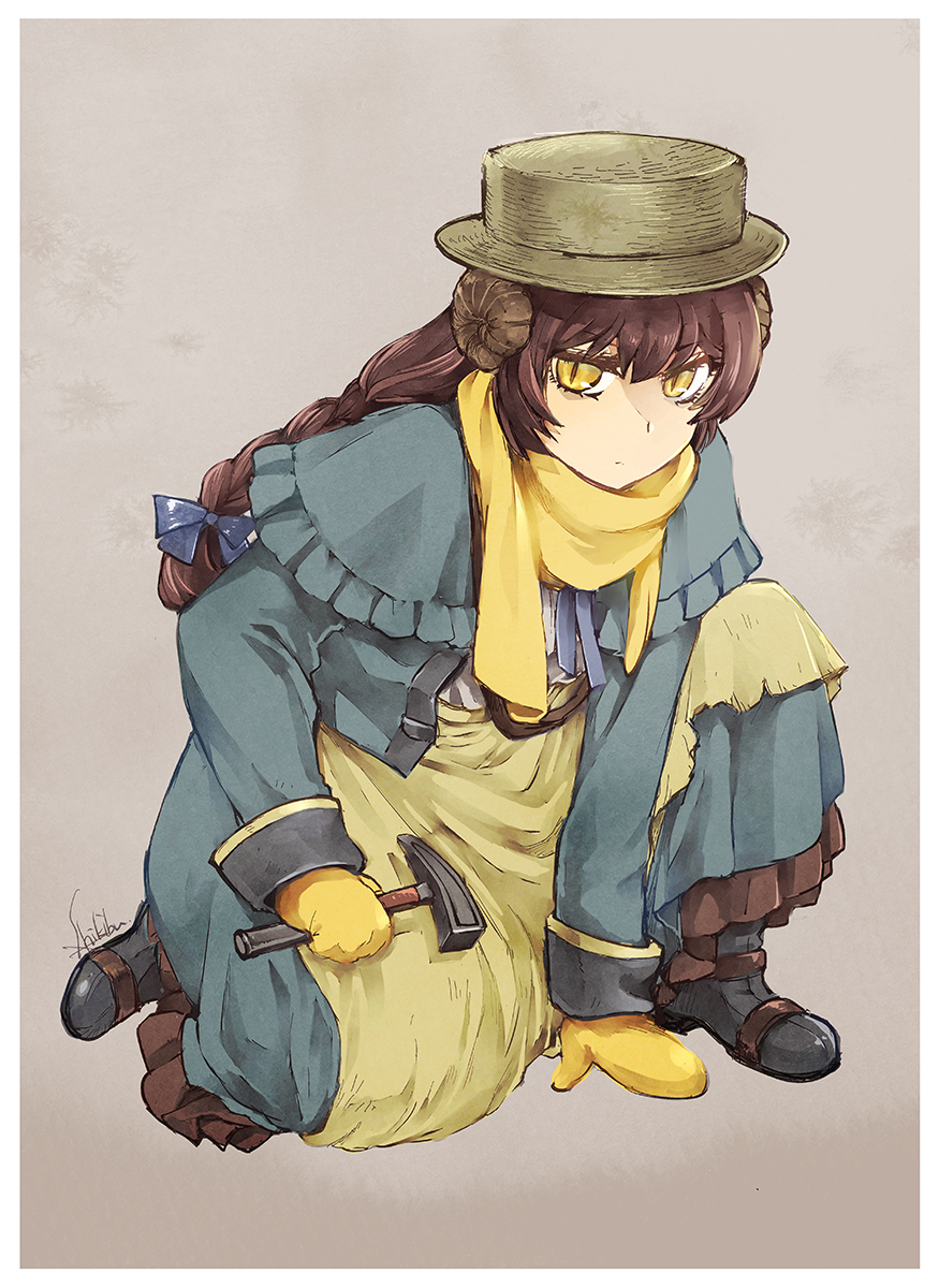 1girl artist_name boots braid braided_ponytail brown_hair capelet dress fate/grand_order fate_(series) fossil_hair_ornament hair_ornament hammer hat helix_fossil highres holding holding_hammer ito_(pixiv) jacket kneeling long_hair mary_anning_(fate) mittens open_clothes open_jacket scarf simple_background solo yellow_eyes yellow_mittens yellow_scarf