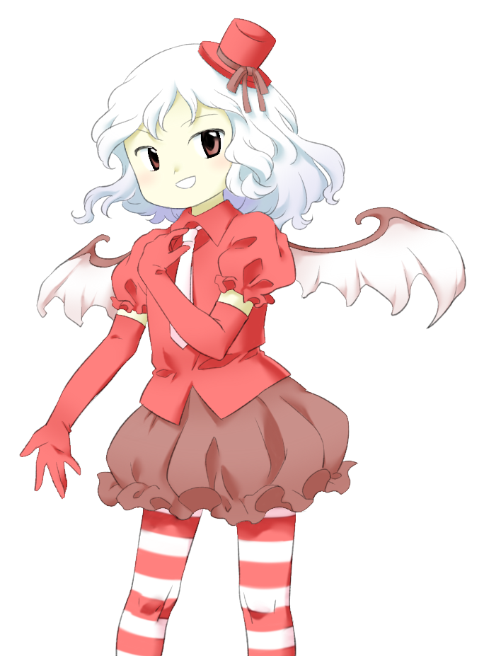 1girl :d bat_wings brown_ribbon brown_skirt bubble_skirt collared_shirt elbow_gloves flat_chest gloves hand_up hat hat_ribbon legs_apart mini_hat mini_top_hat miniskirt necktie nonamejd official_alternate_costume official_style open_mouth pantyhose puffy_short_sleeves puffy_sleeves red_eyes red_gloves red_hat red_shirt remilia_scarlet ribbon shirt short_hair short_sleeves silent_sinner_in_blue skirt smile solo standing striped_clothes striped_pantyhose top_hat touhou touhou_bougetsushou white_hair white_necktie white_wings wings zun_(style)