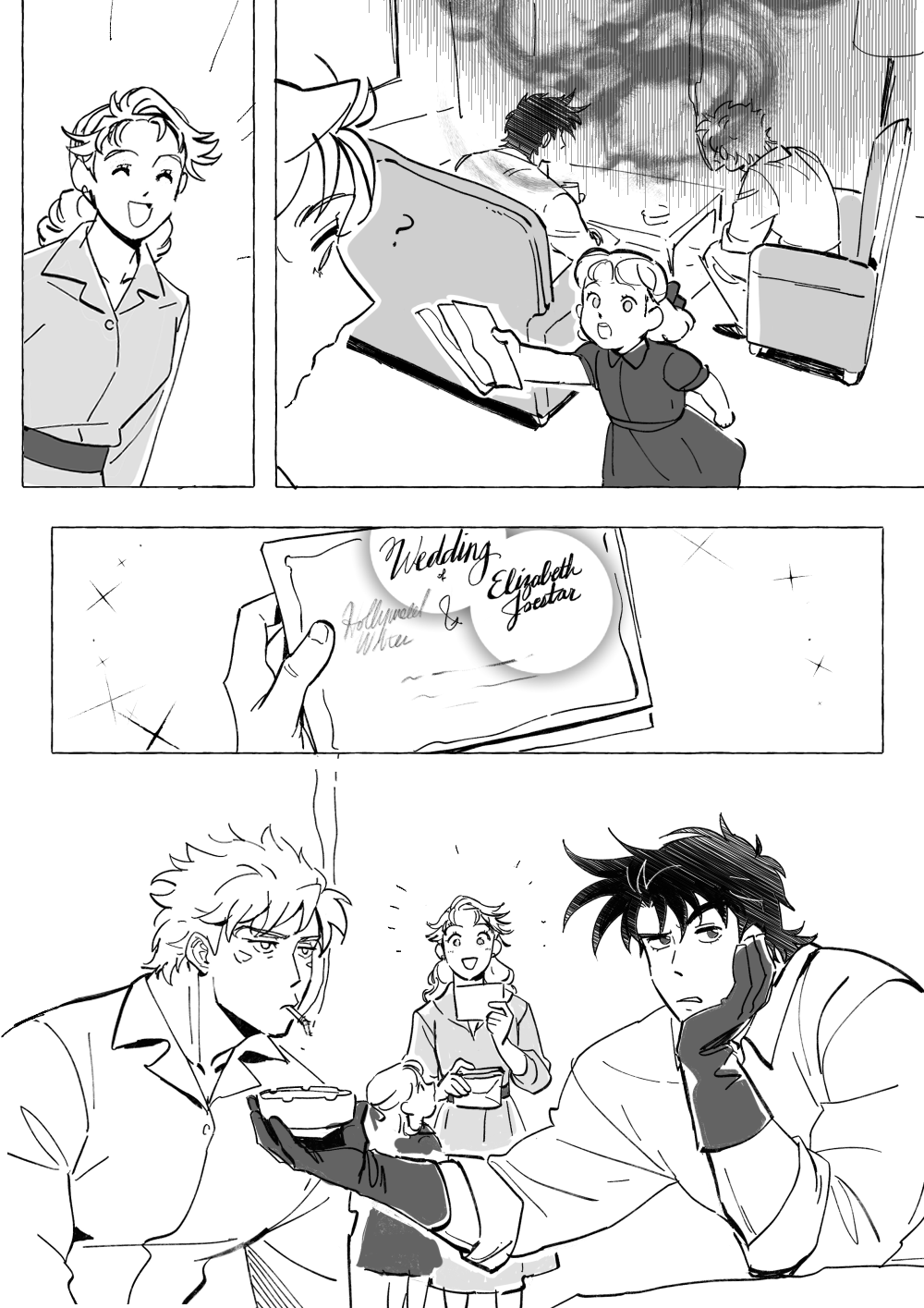 alternate_universe ashtray caesar_anthonio_zeppeli cigarette comic family gloves greyscale hakmonss highres jojo_no_kimyou_na_bouken joseph_joestar joseph_joestar_(young) kuujou_holly letter monochrome raincloud shaded_face suzi_q