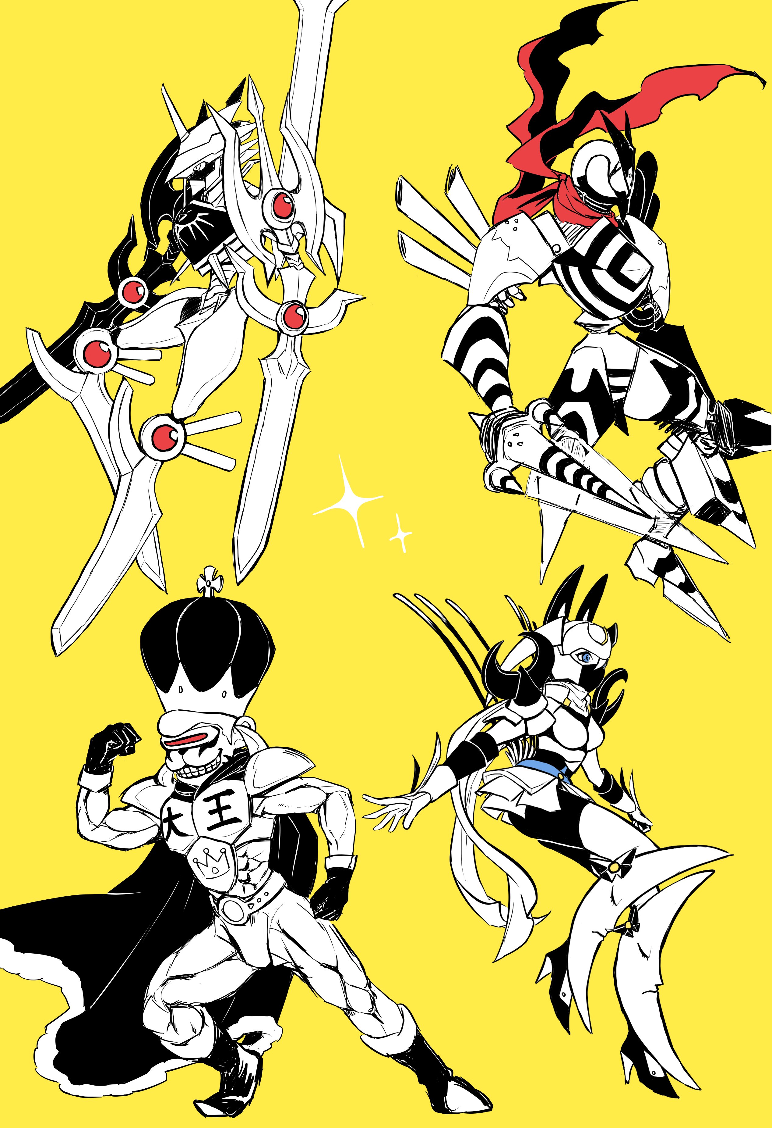 absurdres armor crescent_moon dianamon digimon digimon_(creature) durandamon highres kingetemon mask moon tigervespamon