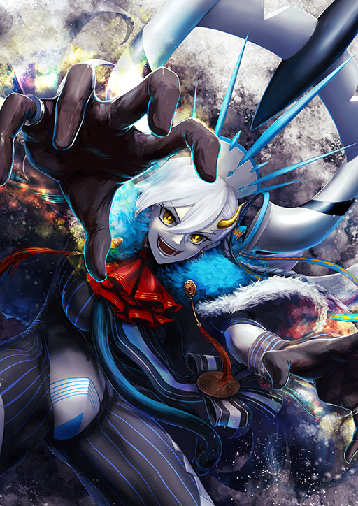 152_in_can 1girl ascot black_gloves blue_cape bodysuit cape crossed_bangs e-aqua_marie fate/grand_order fate_(series) fur-trimmed_cape fur_trim gloves hair_between_eyes hair_ornament horns long_hair looking_at_viewer navel official_art olga_marie_animusphere open_mouth red_ascot single_horn smile solo teeth third-party_source u-olga_marie white_hair yellow_eyes yellow_horns