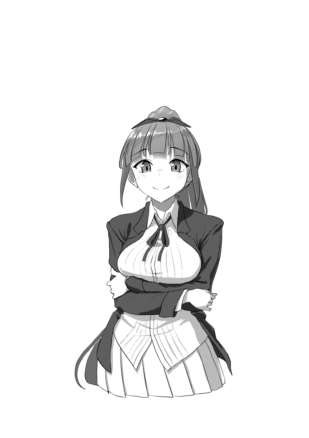 1girl azur_lane bottomless breasts crossed_arms danbora greyscale hair_ribbon highres jacket long_hair looking_at_viewer monochrome neck_ribbon ribbon shirt shropshire_(azur_lane) skirt smile solo white_background