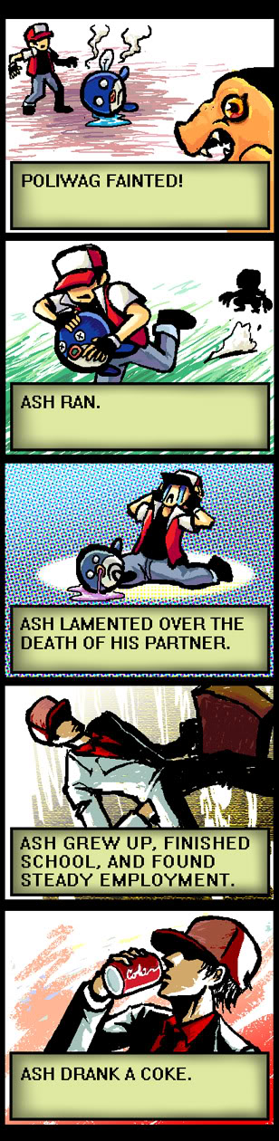 5koma aged_up agumon ash_ketchum can comic crossover death digimon digimon_(creature) drink_can drinking english_text formal_clothes gen_1_pokemon highres long_image male_focus nintendo pokemon pokemon_(anime) pokemon_(classic_anime) pokemon_(creature) poliwag soda_can suitcase tall_image tears translated vomit