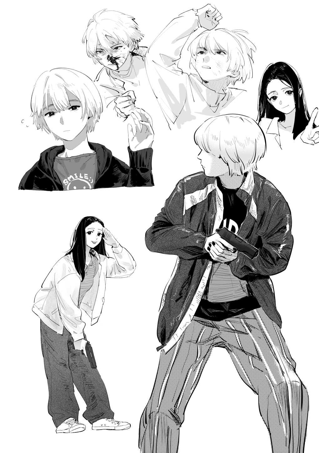 2girls baby_walkure blood blood_on_face closed_mouth commentary fukagawa_mahiro grey_hair greyscale gun handgun highres holding holding_gun holding_weapon injury jacket long_hair long_sleeves monochrome multiple_girls nail_polish open_mouth pants salute short_hair simple_background soramame_(corndog) sugimoto_chisato weapon white_background