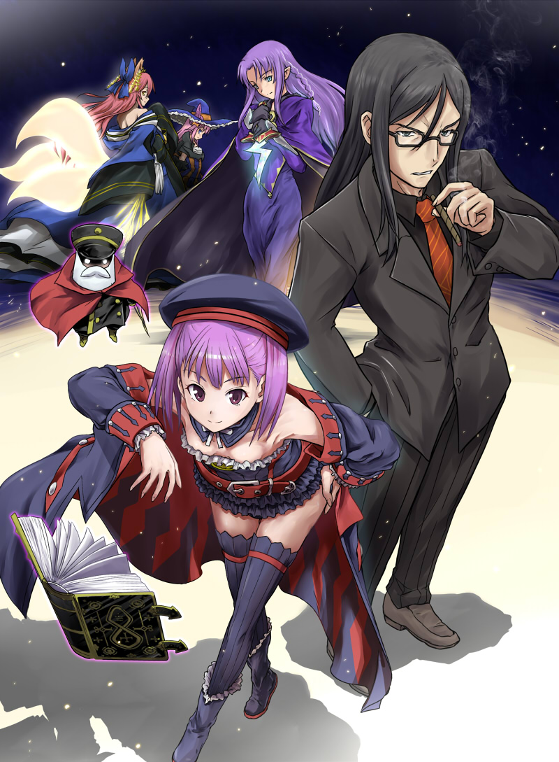 10s 1boy 4girls aged_up black_hair blue_eyes blue_hair book braid cigar detached_sleeves elizabeth_bathory_(fate) elizabeth_bathory_(fate/extra) elizabeth_bathory_(fate/grand_order) elizabeth_bathory_(halloween_caster)_(fate) fate/extra fate/extra_ccc fate/grand_order fate/stay_night fate/zero fate_(series) glasses hair_between_eyes hand_in_pocket hat helena_blavatsky_(fate) helena_blavatsky_(third_ascension)_(fate) knife long_hair lord_el-melloi_ii medea_(caster)_(fate) medea_(fate) multiple_girls official_alternate_costume purple_eyes purple_hair robe rulebreaker short_hair side_braid smile tamamo_(fate) tamamo_no_mae_(fate) tamamo_no_mae_(third_ascension)_(fate) thighhighs trait_connection tsuyadashi_shuuji waver_velvet witch_hat