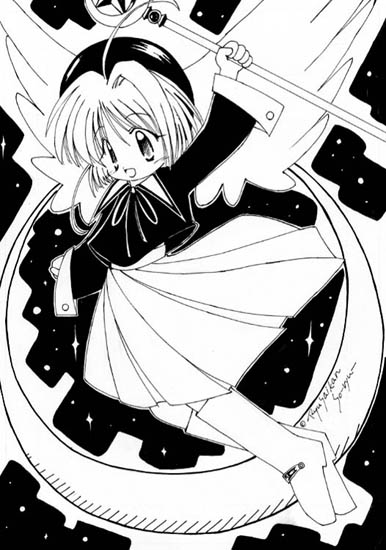 1girl 2000s_(style) ahoge bad_id beret boots cardcaptor_sakura full_body greyscale hat high_contrast holding holding_staff long_sleeves monochrome neck_ribbon on_crescent open_mouth pleated_skirt ribbon sakura_kyoko shirt short_hair skirt smile solo sou_ryuu staff