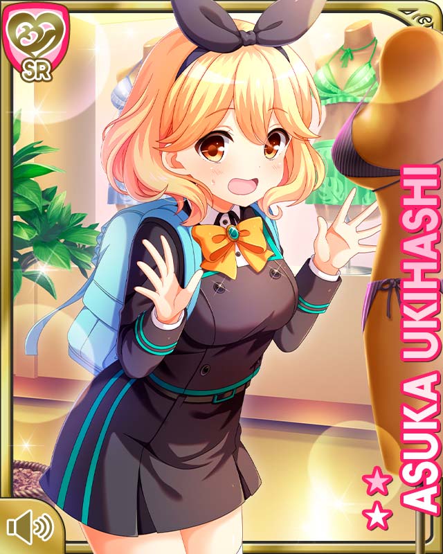 1girl blonde_hair bow bowtie breasts brown_eyes card_(medium) day girlfriend_(kari) grey_shirt grey_skirt hair_bow indoors medium_breasts official_art open_mouth orange_bow qp:flapper school_uniform shirt short_hair skirt solo surprised swimsuit tagme thighhighs town ukihashi_asuka white_thighhighs