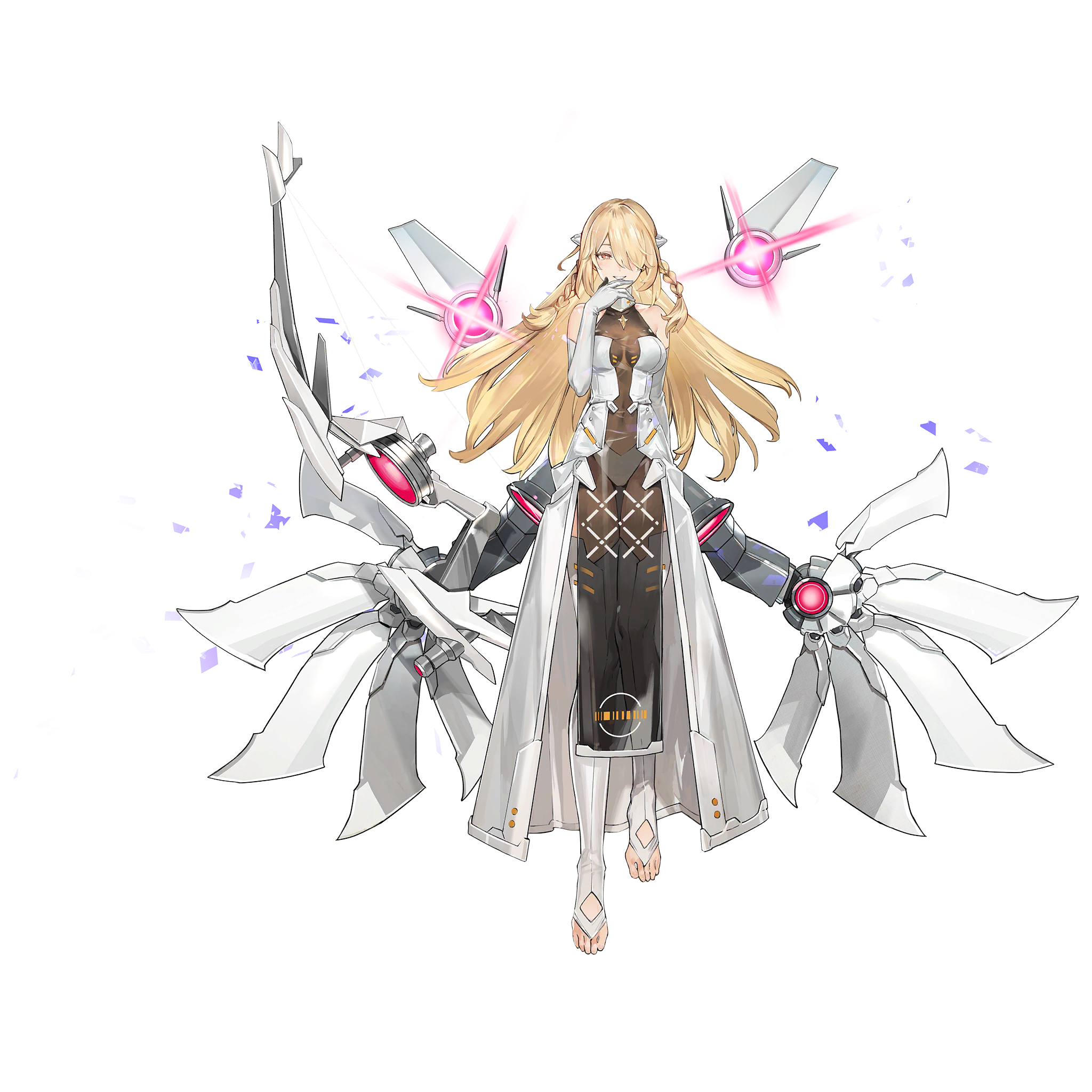 1girl angelus_(neural_cloud) artist_request bare_shoulders blonde_hair bow braid detached_sleeves drone full_body game_cg girls'_frontline girls'_frontline_neural_cloud glowing hair_over_one_eye hand_to_own_mouth highres holding holding_behind_back holding_weapon_behind_back official_art pelvic_curtain see-through_pelvic_curtain smile solo tachi-e third-party_source toeless_legwear transparent_background white_sleeves yellow_eyes