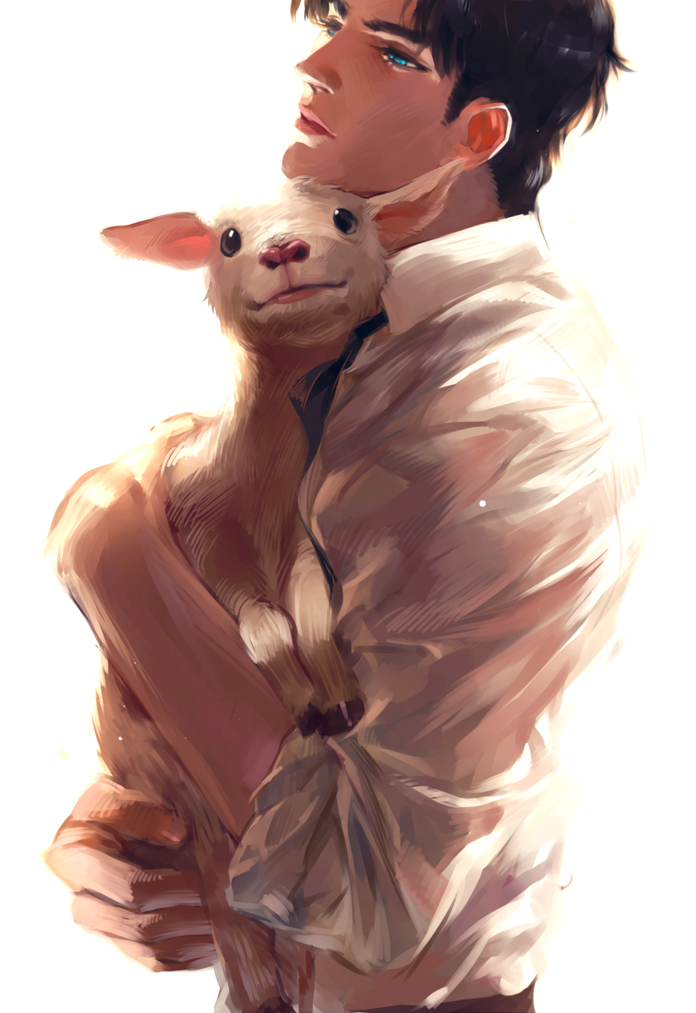 1boy black_hair blue_eyes emg_(christain) highres jojo_no_kimyou_na_bouken jonathan_joestar lamb manly realistic sheep