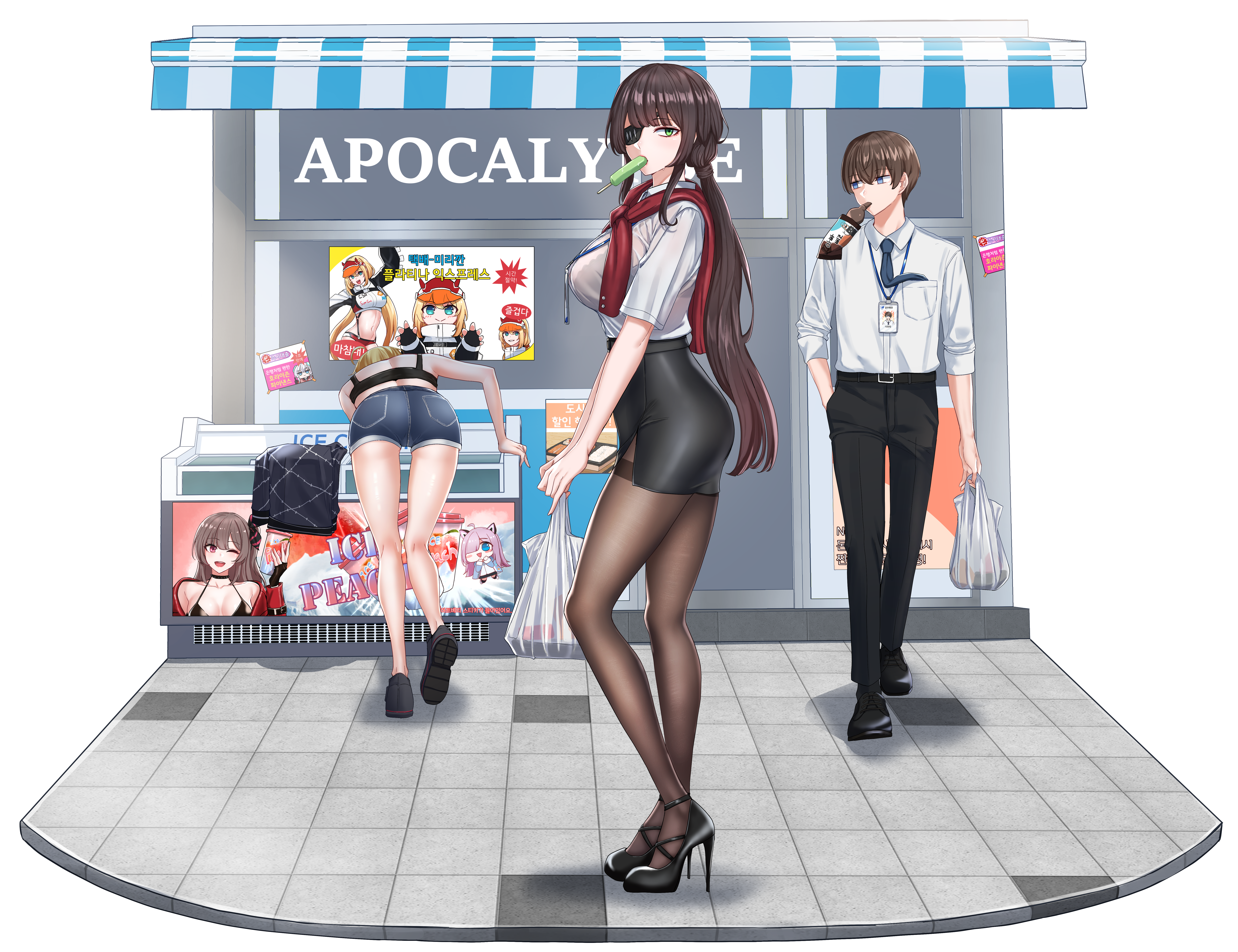 1boy 6+girls absurdres amy_strickland ass bag belt belt_buckle bikini black_bikini black_gloves black_pants bra breasts brown_hair brown_pantyhose buckle collarbone counter:side dress_shirt eyepatch fingerless_gloves food_in_mouth gloves green_eyes high_heels highres horizon_(counter:side) id_card korean_text lara_jaeger large_breasts lee_jisoo long_hair lumi_(counter:side) machine-g.a.p. miya_(counter:side) mmm_(ji1945) multiple_girls na_yubin navel necktie official_art pants pantyhose plastic_bag popsicle popsicle_in_mouth poster_(object) see-through_clothes shirt shorts sigma_(counter:side) sleeves_rolled_up swimsuit thighband_pantyhose tiles transparent_background underwear