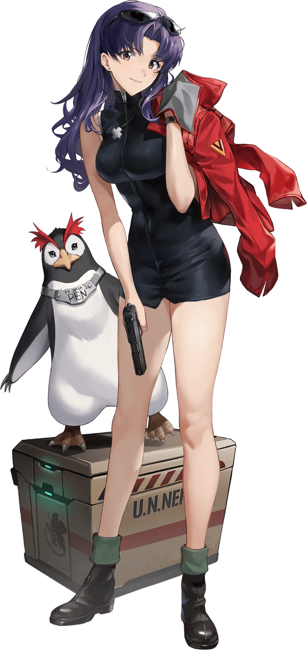 1girl artist_collaboration bare_arms bare_legs bare_shoulders bird black_dress breasts cleavage closed_mouth cross cross_necklace crossover dress full_body goddess_of_victory:_nikke gun highres holding holding_gun holding_jacket holding_unworn_clothes holding_weapon jacket jewelry katsuragi_misato long_hair looking_at_viewer medium_breasts necklace neon_genesis_evangelion official_art open_clothes penguin penpen purple_hair red_jacket ryona simple_background solo_focus transparent_background unworn_jacket weapon