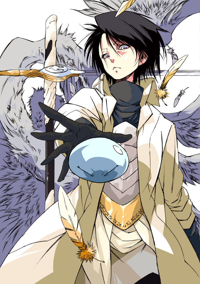 10s 1girl black_hair feathers gloves makkamu official_art purple_eyes rapier rimuru_tempest sakaguchi_hinata slime_(creature) sword tensei_shitara_slime_datta_ken weapon