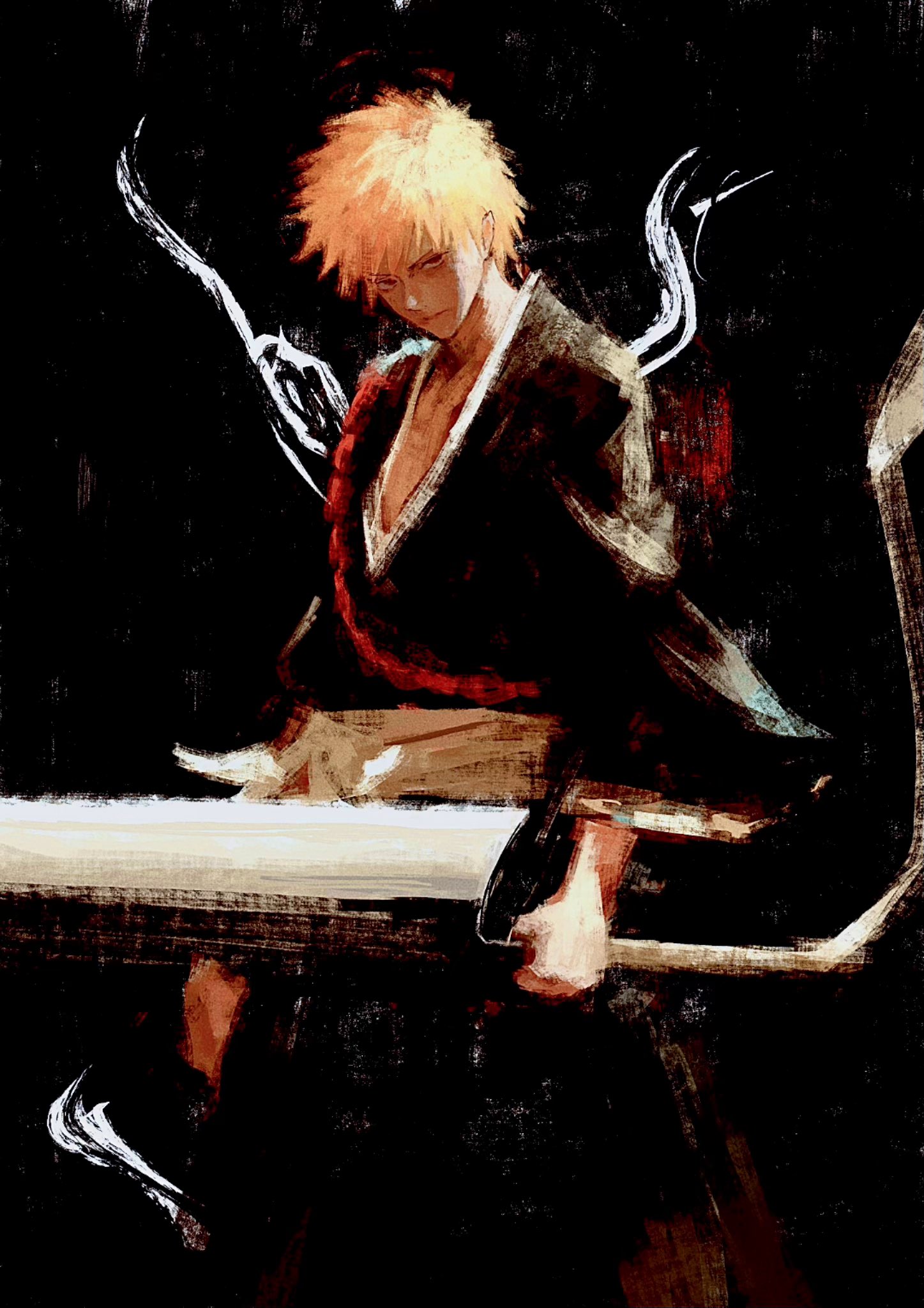 1boy black_background black_kimono bleach closed_mouth commentary frown fuyumurasaki highres holding holding_sword holding_weapon japanese_clothes kimono kurosaki_ichigo looking_at_viewer male_focus orange_hair red_eyes short_hair solo spiked_hair standing sword weapon