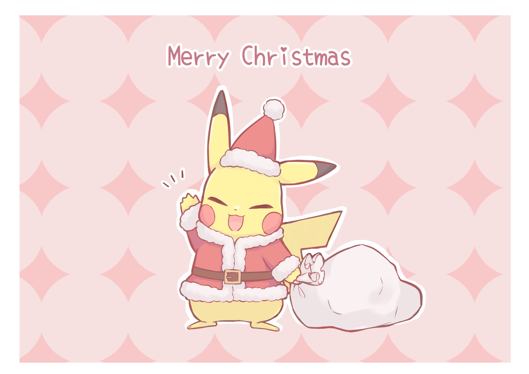 025sakura393 :d arm_up belt border brown_belt closed_eyes commentary_request facing_viewer gen_1_pokemon happy hat highres holding holding_sack jacket merry_christmas nintendo no_humans notice_lines open_mouth pikachu pikachu_(holiday) pokemon pokemon_(creature) pokemon_unite red_jacket sack santa_hat smile solo white_border
