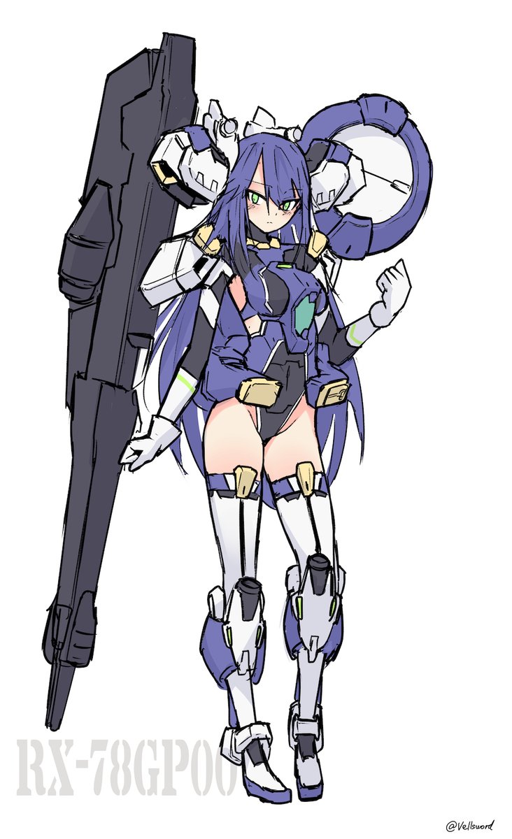 1girl boots breasts clenched_hand covered_navel gloves green_eyes gundam gundam_0083 gundam_gp-00_blossom highres i.takashi leotard long_hair looking_to_the_side mecha_musume medium_breasts personification sketch solo thigh_boots thighhighs white_background white_gloves