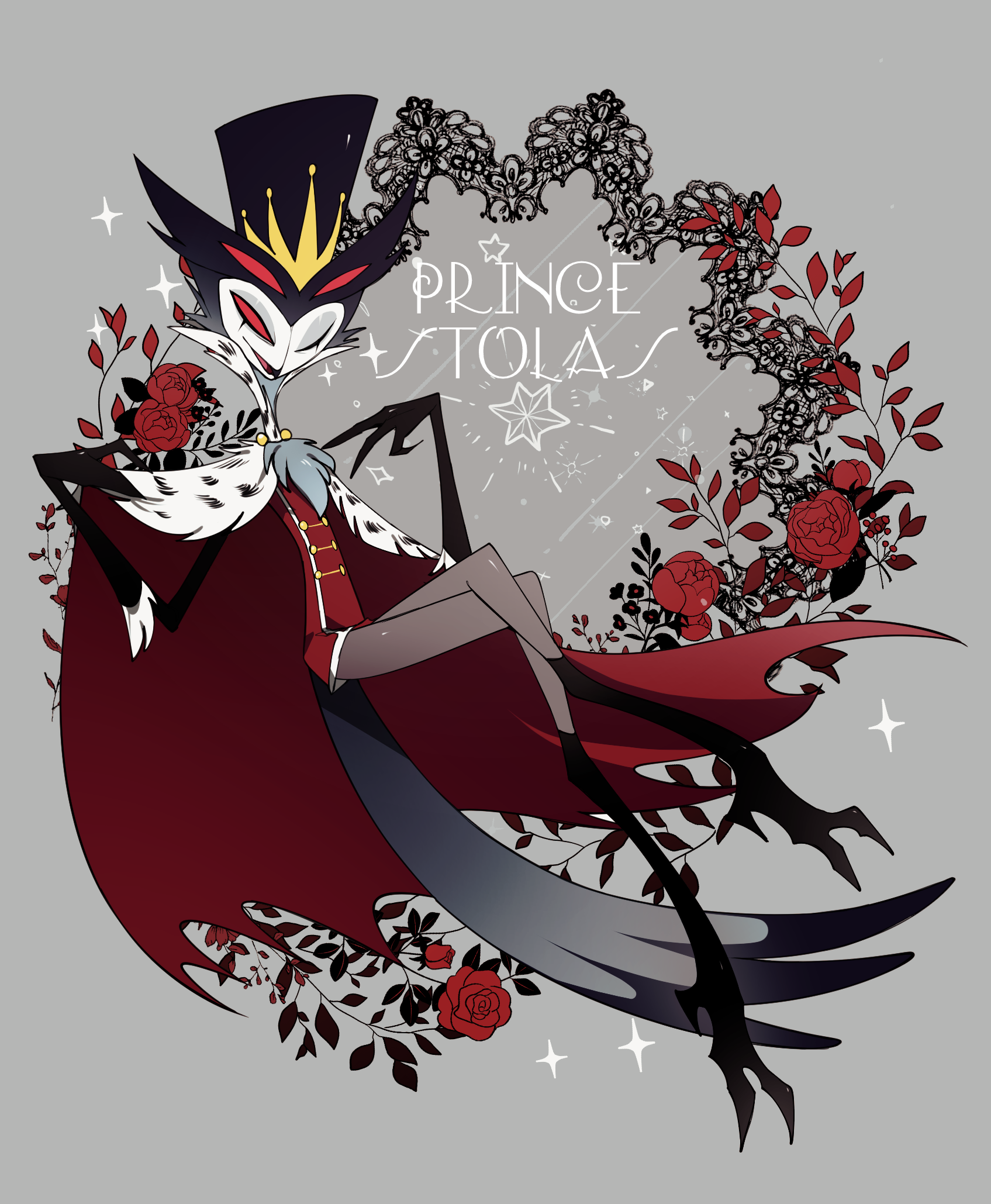 1boy ama0805 black_hat cape character_name colored_sclera crossed_legs flower full_body grey_background hands_up hat helluva_boss highres jacket male_focus one_eye_closed open_mouth owl_boy red_cape red_flower red_jacket red_rose red_sclera rose smile solo sparkle stolas_(helluva_boss) two-sided_cape two-sided_fabric