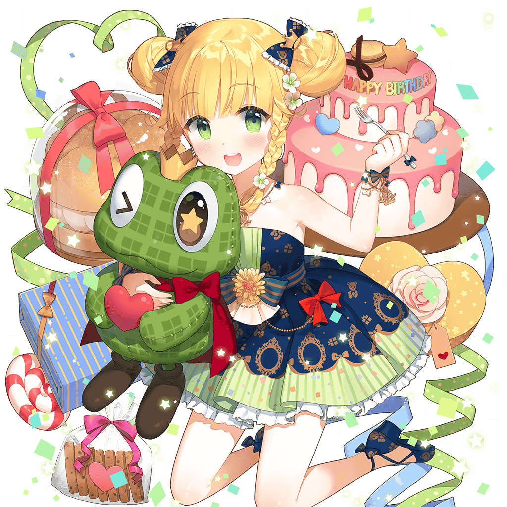 1girl bare_legs birthday_cake blonde_hair blue_shoes box braid cake double_bun dress food gift gift_box green_eyes hair_bun happy_birthday off-shoulder_dress off_shoulder salt_(salty) sapphire_emerald shoes stuffed_toy twin_braids twintails uchi_no_hime-sama_ga_ichiban_kawaii