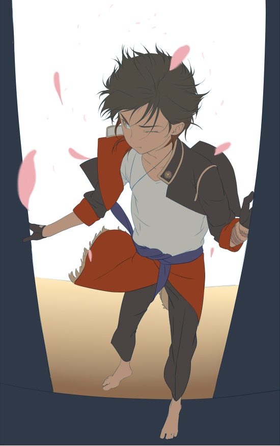 1boy aged_down arm_tattoo barefoot black_gloves black_hair black_jacket black_pants closed_mouth dark-skinned_male dark_skin full_body gloves jacket jewelry leuco male_focus multicolored_hair multicolored_jacket necklace one_eye_closed ookurikara orange_hair pants pink_petals purple_sash sash shirt solo tattoo touken_ranbu white_shirt wind yellow_eyes