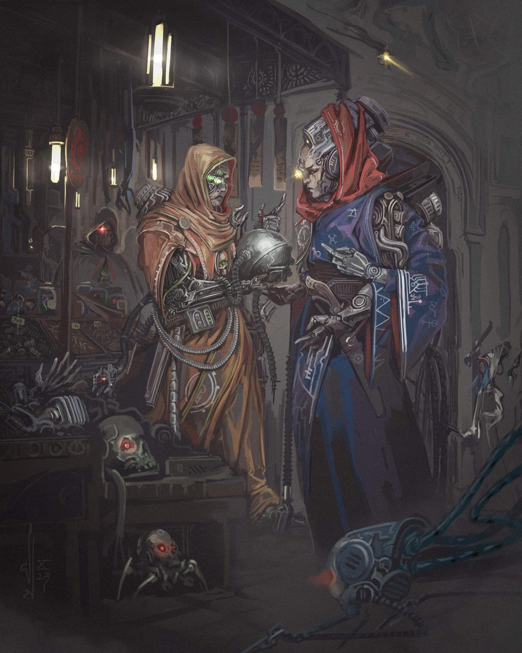 3others adeptus_mechanicus cable cloak crossdraw_holster cyborg extra_arms extra_eyes glowing glowing_eyes highres indoors lamp machinery market_stall mechabare multiple_others nictanova purity_seal robe science_fiction servo-skull standing warhammer_40k