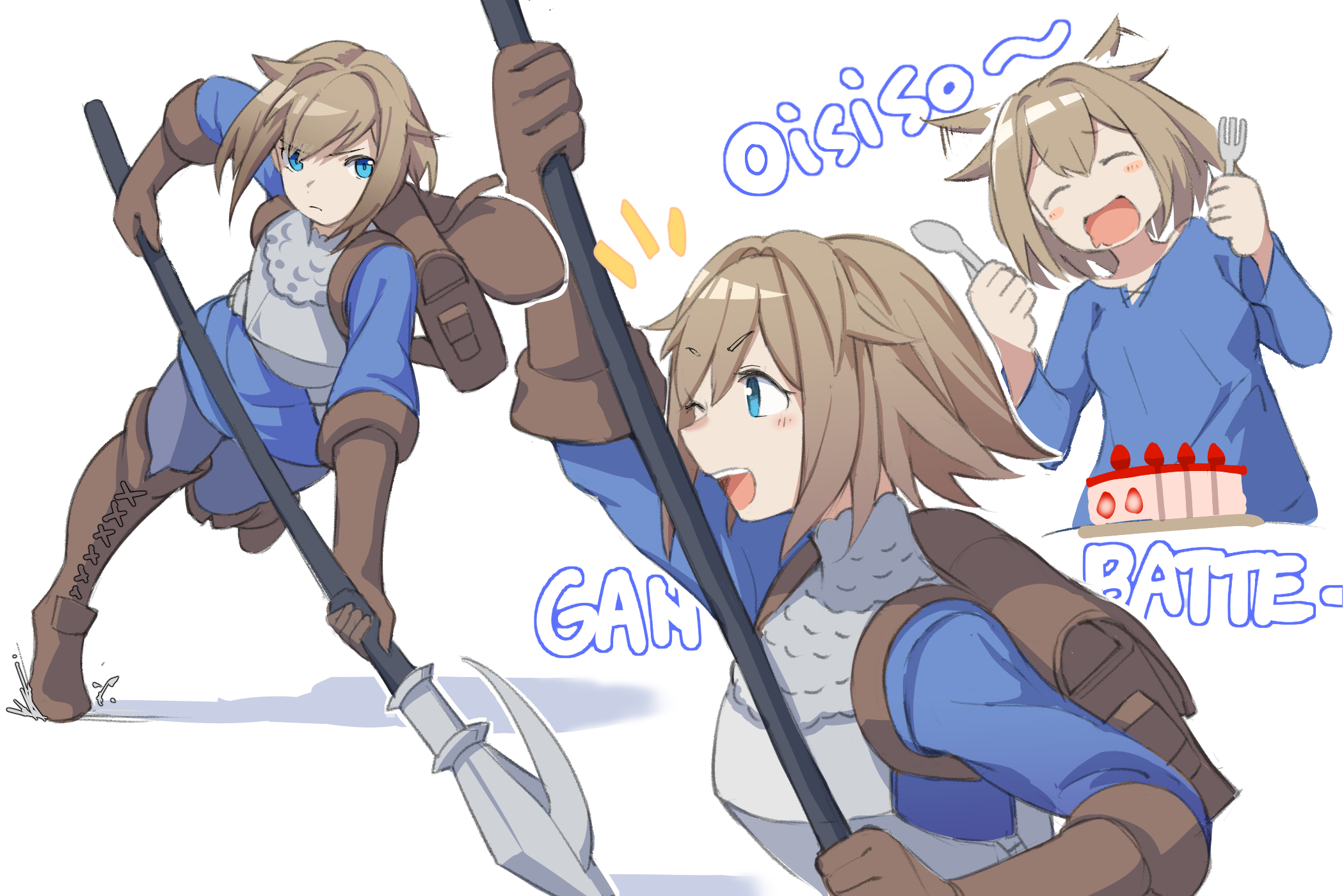 1girl :d armor blue_eyes boots breastplate brown_bag brown_footwear brown_gloves cake chloe_(unicorn_overlord) closed_eyes closed_mouth commentary_request cross-laced_footwear food fork gloves highres holding holding_fork holding_polearm holding_spoon holding_weapon medaman multiple_views notice_lines one_eye_closed open_mouth polearm romaji_text smile spear spoon unicorn_overlord weapon