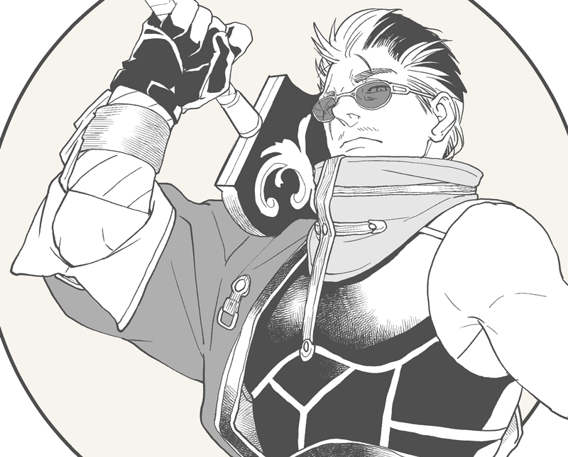 1boy 4100 armor auron black_gloves final_fantasy final_fantasy_x gloves greyscale holding holding_sword holding_weapon male_focus monochrome sword upper_body weapon