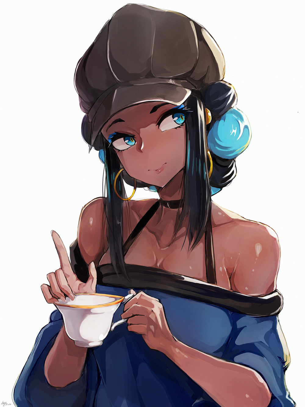 1girl aqua_eyes aqua_hair artist_name bare_shoulders black_hair black_hat blue_eyeshadow breasts choker closed_mouth collarbone commentary_request cup dark-skinned_female dark_skin earrings eyeshadow gym_leader hat highres holding holding_cup hoop_earrings jewelry korean_commentary long_hair looking_away looking_to_the_side makeup mascara multicolored_hair my700 nessa_(pokemon) nintendo off-shoulder_shirt off_shoulder official_alternate_costume pokemon pokemon:_twilight_wings pokemon_swsh shirt signature smile solo teacup two-tone_hair upper_body