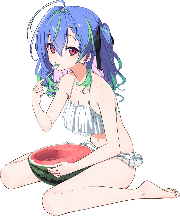 1girl ahoge alternate_costume bikini black_bow blue_hair bow breasts cleavage closed_mouth commentary_request eating food frilled_bikini frills fruit full_body green_hair hair_bow hair_intakes holding holding_spoon looking_at_viewer medium_breasts mole mole_on_stomach mole_under_eye multicolored_hair nanashi_inc. navel ougimaneki pink_eyes pink_hair simple_background sitting smile solo spoon suzumi_nemo swimsuit transparent_background two_side_up virtual_youtuber wariza watermelon white_bikini