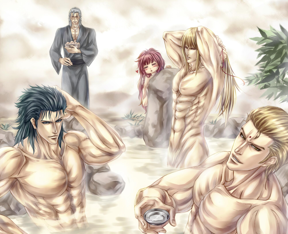 5boys =_= alcohol bad_id bad_pixiv_id hokuto_no_ken japanese_clothes juda kimono male_focus manly multiple_boys muscular nkusako nude onsen rei_(hokuto_no_ken) sake same-sex_bathing shared_bathing shew shin_(hokuto_no_ken) shu_(hokuto_no_ken) souther yuda_(hokuto_no_ken) yukata