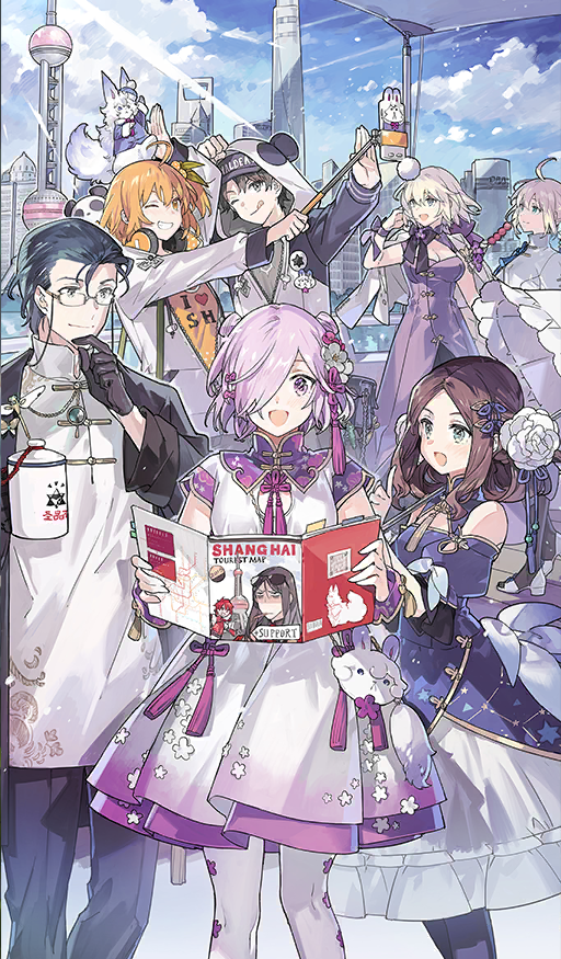 2boys 5girls :d ;d ;q ahoge alexander_(fate) animal_hood artoria_pendragon_(fate) black_gloves black_pants blonde_hair blue_eyes blue_hair blue_sky breasts brown_hair chinese_clothes chinese_commentary chinese_knot city cleavage cleavage_cutout closed_mouth clothes_writing clothing_cutout cloud commentary_request creature creature_on_head day double_bun drawstring dress english_text eyewear_strap fate/grand_order fate_(series) flower fou_(fate) fujimaru_ritsuka_(female) fujimaru_ritsuka_(male) glasses gloves green_eyes hair_bun hair_flower hair_ornament hair_over_one_eye hair_slicked_back hand_on_own_chin headphones headphones_around_neck holding holding_paper hood hood_up hooded_jacket jacket jacket_on_shoulders jeanne_d&#039;arc_alter_(fate) leonardo_da_vinci_(fate) leonardo_da_vinci_(fate/grand_order) leonardo_da_vinci_(rider)_(fate) long_hair long_sleeves lord_el-melloi_ii mandarin_collar map_(object) mash_kyrielight medium_hair multiple_boys multiple_girls official_alternate_costume official_art one_eye_closed one_eye_covered one_side_up open_mouth orange_eyes orange_hair orange_shirt outdoors panda_hood pankou pants paper parasol parted_bangs partially_open_jacket partially_unzipped pink_dress pink_hair purple_dress purple_eyes saber_(fate) selfie_stick sherlock_holmes_(fate) shirt short_hair short_sleeves shoulder_cutout sidelocks sky skyline smile standing starshadowmagician sunlight taking_picture tassel teeth third-party_source tongue tongue_out umbrella umbrella_over_shoulder visor_cap waver_velvet white_hair white_jacket white_umbrella