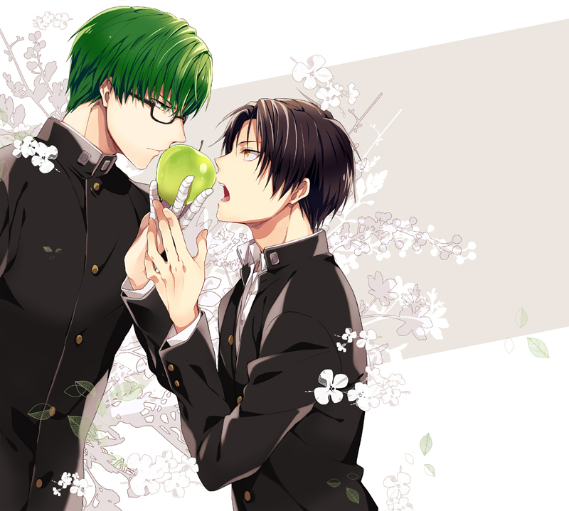 2boys apple arm_up bandaged_fingers bandages black-framed_eyewear black_hair black_jacket buttoned_cuffs buttons collared_jacket collared_shirt commentary_request falling_leaves flower food fruit gakuran glasses green_apple green_eyes green_hair holding holding_food holding_fruit holding_hands jacket kuroemon kuroko_no_basuke layered_sleeves leaf long_sleeves male_focus midorima_shintarou multiple_boys open_collar open_mouth orange_eyes parted_hair profile school_uniform semi-rimless_eyewear shirt short_hair takao_kazunari teeth tongue upper_teeth_only white_shirt yaoi