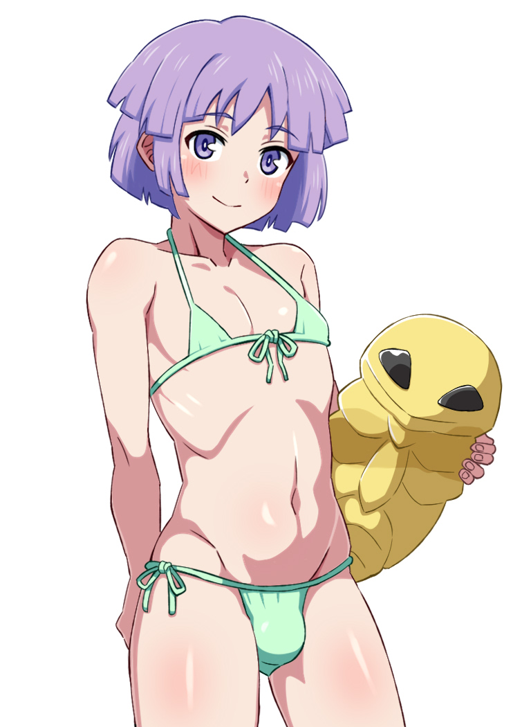 1boy bikini blush bright_pupils bugsy_(pokemon) bulge closed_mouth collarbone commentary_request cowboy_shot crossdressing gen_1_pokemon green_bikini holding holding_pokemon kakuna male_focus mantan navel nintendo pokemon pokemon_(creature) pokemon_hgss purple_eyes purple_hair ribs shiny_skin short_hair shorts side_slit side_slit_shorts simple_background smile swimsuit trap white_background white_pupils