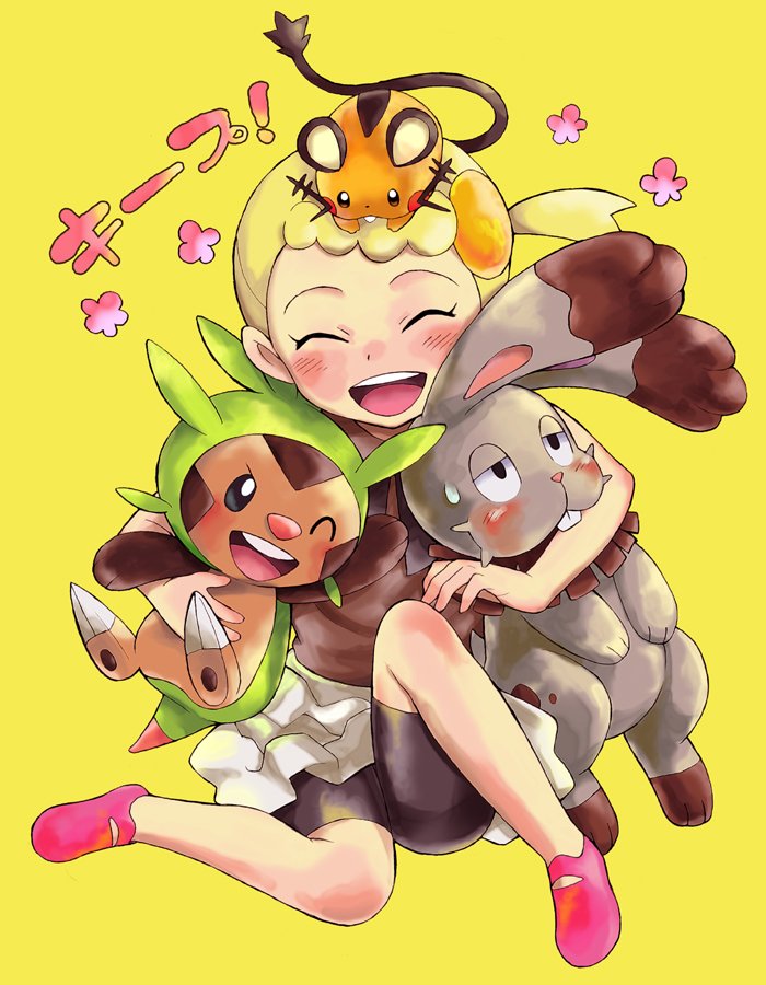 1girl black_shorts blonde_hair blush bonnie_(pokemon) brown_shirt bunnelby chespin dedenne eyelashes facing_viewer full_body gen_6_pokemon hijirino_yuuta nintendo on_head one_eye_closed one_side_up open_mouth pink_shoes pokemon pokemon_(anime) pokemon_(creature) pokemon_on_head pokemon_xy_(anime) shirt shoes short_hair shorts sitting translation_request yellow_background