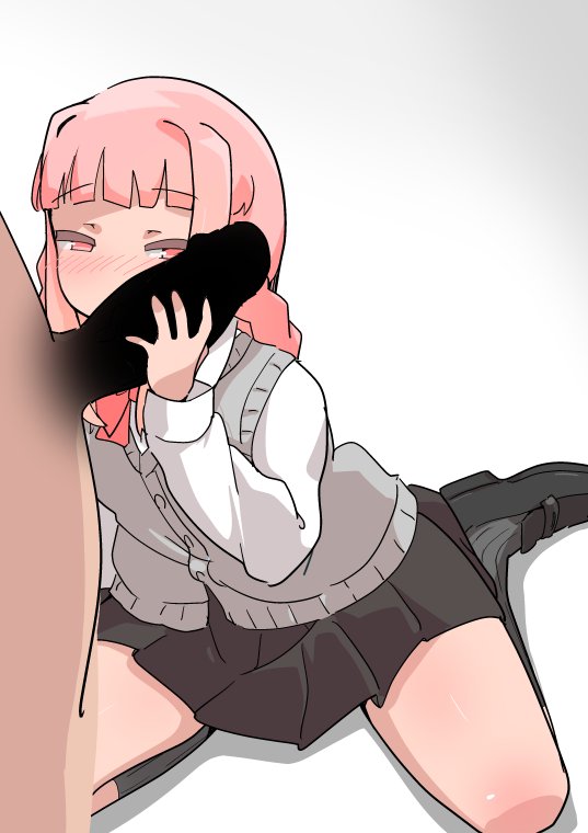 1boy 1girl black_footwear black_skirt black_socks blush bow clothed_female_nude_male dark_penis half-closed_eyes handjob hetero itagaki_super_dx kiss kissing_penis long_hair long_sleeves magia_record:_mahou_shoujo_madoka_magica_gaiden mahou_shoujo_madoka_magica nude oral penis pink_eyes pink_hair red_bow shoes sitting skirt socks solo_focus sweater_vest tamaki_iroha thighs vest white_background