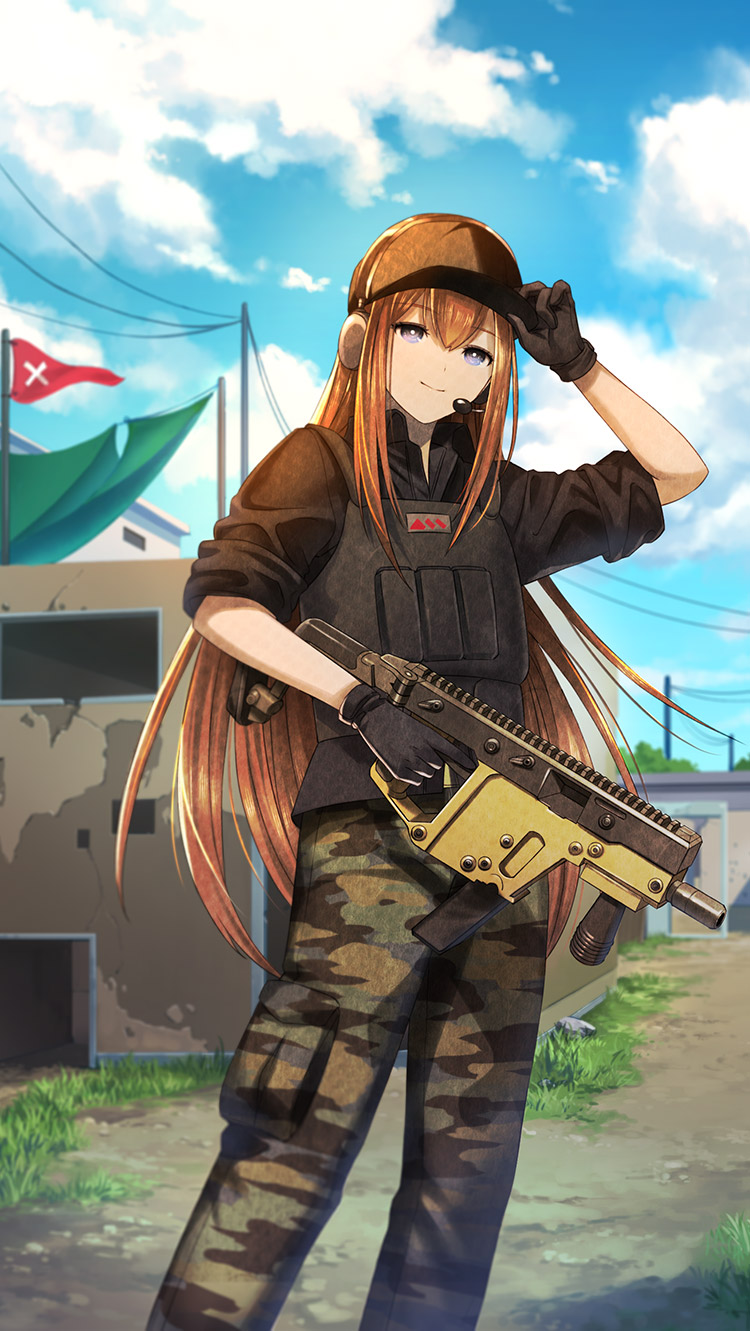 1girl archived_source black_gloves black_hat black_jacket blue_eyes brown_hair bulletproof_vest camouflage camouflage_pants closed_mouth feet_out_of_frame game_cg gloves gun hair_between_eyes hand_on_headwear hat headphones headset highres holding holding_gun holding_weapon huke jacket kriss_vector long_hair looking_at_viewer makise_kurisu official_alternate_costume official_art outdoors pants sleeves_rolled_up smile solo steins;gate submachine_gun third-party_source weapon