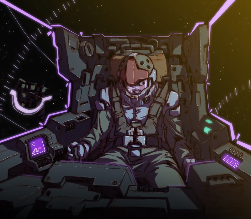 1boy cockpit commentary_request control_stick gundam machinery mecha mecha_pilot_suit mobile_suit normal_suit_(gundam) original pilot pilot_chair robot science_fiction screen sitting tessaku_ro zeon