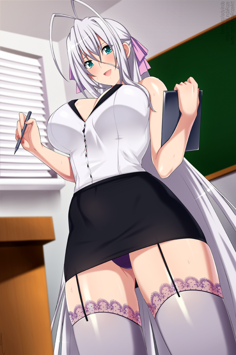 1girl antenna_hair aqua_eyes bare_shoulders black_skirt blurry blurry_background button_gap chalkboard commentary english_commentary garter_straps gluteal_fold grey_hair hair_between_eyes hair_ribbon hands_up high_school_dxd highres holding holding_pencil indoors lindaroze long_hair looking_at_viewer mechanical_pencil open_mouth paid_reward_available panties pencil pencil_skirt pink_ribbon purple_panties ribbon rossweisse shirt skirt sleeveless sleeveless_shirt smile solo standing sweat thighhighs thighs twitter_username underwear very_long_hair watermark web_address white_shirt