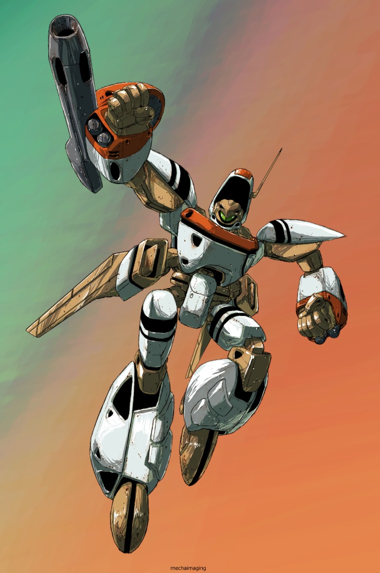 arm_cannon choujikuu_seiki_orguss clenched_hands flying gradient_background looking_at_viewer mecha no_humans orguss radio_antenna robot rocket_launcher science_fiction solo visor weapon yamada_yuuji