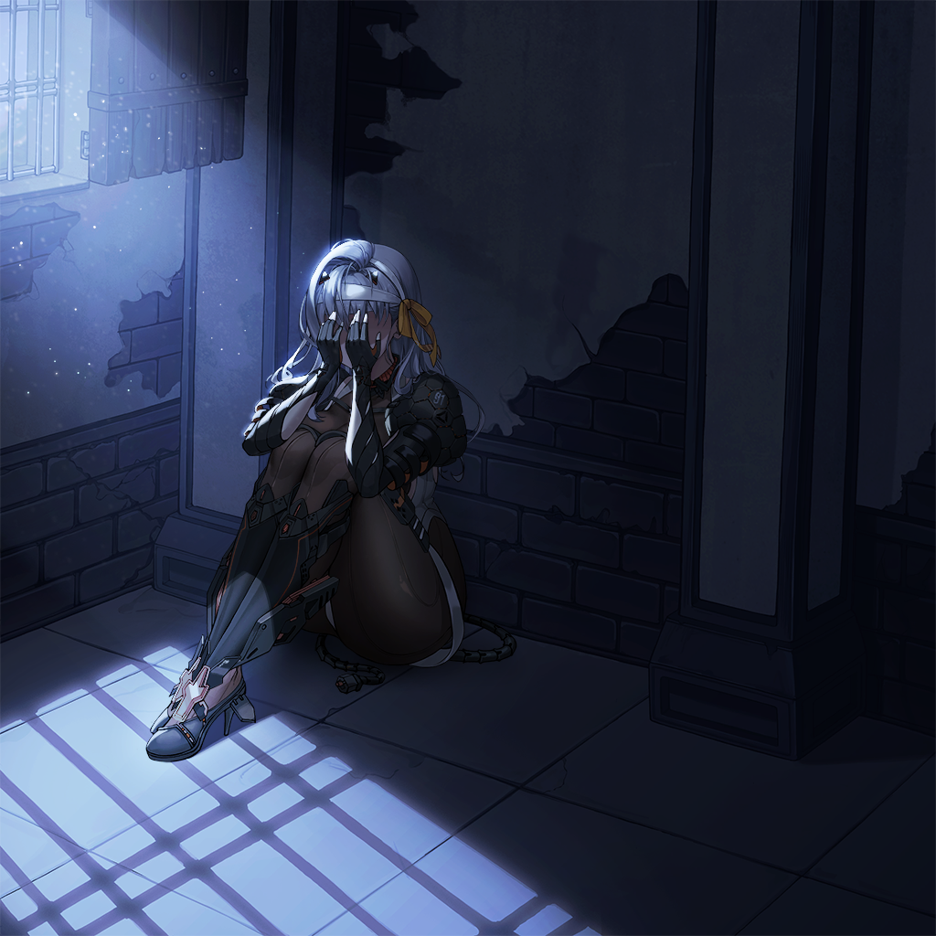 1girl armored_bodysuit armored_legwear crying game_cg goddess_of_victory:_nikke grey_hair indoors mecha_musume modernia_(nikke) official_art sitting