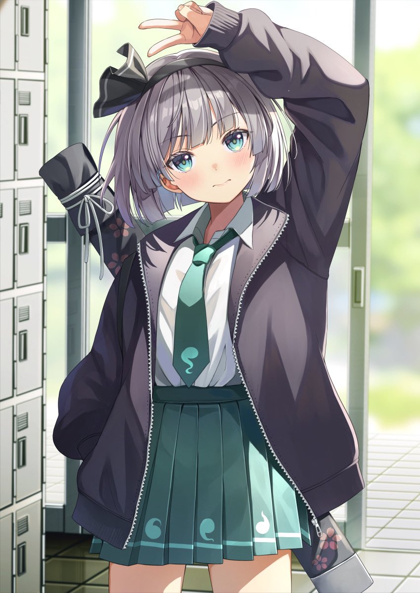 1girl alternate_costume arm_up black_hairband black_jacket black_ribbon collared_shirt commentary_request cowboy_shot day door green_eyes green_necktie green_skirt grey_hair hair_ribbon hairband hand_in_pocket highres hitodama_print indoors jacket konpaku_youmu locker long_sleeves looking_at_viewer necktie pleated_skirt ribbon school_uniform shirt short_hair skirt solo touhou v white_shirt yuuka_nonoko zipper