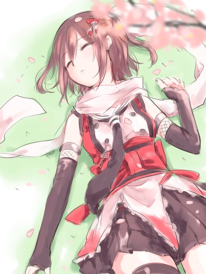 10s 1girl black_gloves black_neckerchief black_thighhighs brown_hair cherry_blossoms closed_eyes cowboy_shot elbow_gloves eyebrows female_focus fingerless_gloves gloves hair_between_eyes hair_ornament ica kantai_collection lying neckerchief on_back outdoors parted_lips petals scarf school_uniform sendai_(kancolle) sendai_kai_ni_(kancolle) serafuku sleeping sleeveless solo thighhighs two_side_up white_scarf zettai_ryouiki