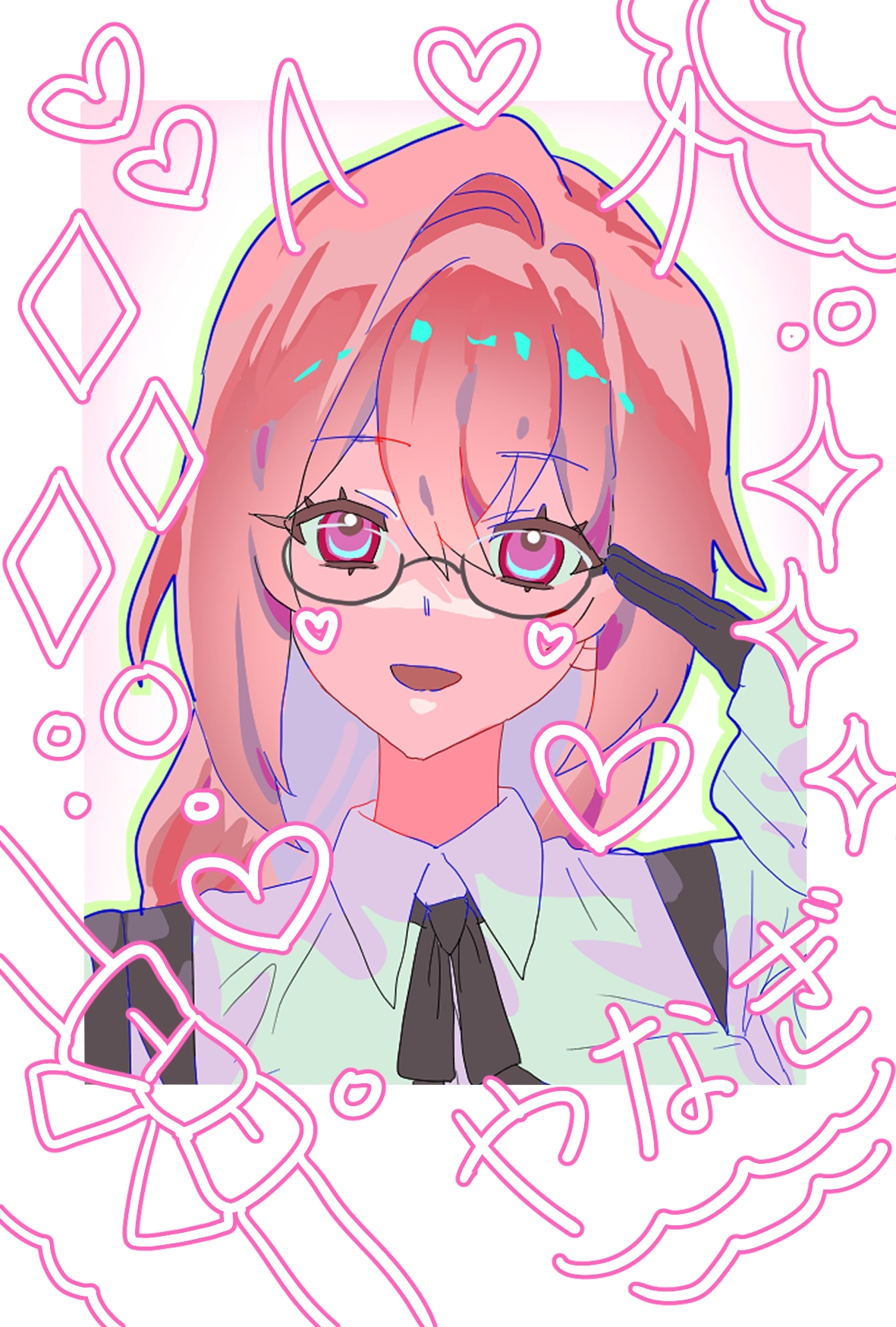 1girl black_gloves dress_shirt gloves hair_between_eyes highres jihwado long_hair open_mouth pink_eyes pink_hair portrait shirt sidelocks smile solo tsukishiro_yanagi white_shirt zenless_zone_zero