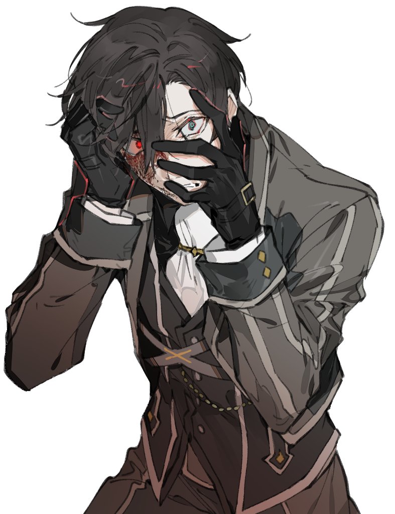 1boy ascot black_hair black_jacket black_pants black_vest burn_scar covering_face gloves green_eyes heterochromia jacket male_focus pants red_eyes scar scar_on_face simple_background solo tales_of_(series) tales_of_xillia tales_of_xillia_2 vest victor_(tales) white_ascot white_background xing_20