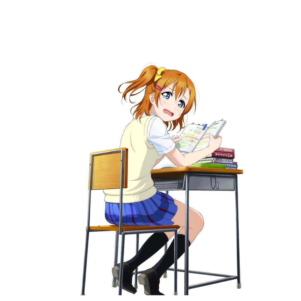 1girl anime_coloring black_shoes black_socks blue_eyes blue_skirt blush bow brown_sweater_vest chair desk feet_out_of_frame from_behind hair_bow hair_ornament hairpin kneehighs kosaka_honoka loafers looking_at_viewer looking_back love_live! love_live!_school_idol_festival love_live!_school_idol_project math miniskirt multiple_hairpins official_art on_chair one_side_up open_mouth orange_hair otonokizaka_school_uniform plaid_clothes plaid_skirt pleated_skirt school_chair school_desk school_uniform shirt shoe_soles shoes short_sleeves sitting skirt socks solo sticky_note studying summer_uniform sweater_vest tearing_up tears transparent_background wavy_mouth white_shirt yellow_bow