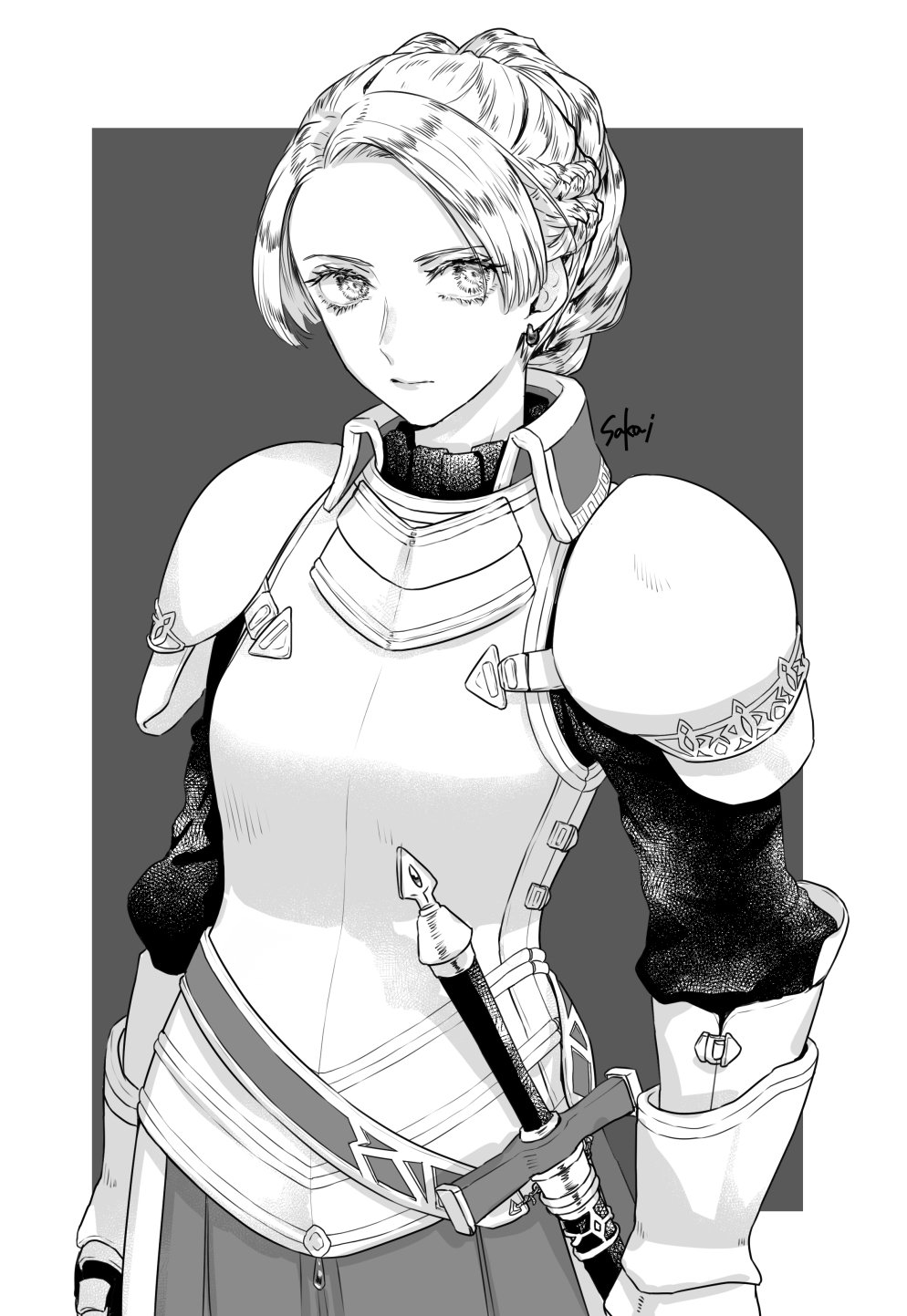 1girl armor braid chris_lightfellow closed_mouth french_braid gensou_suikoden gensou_suikoden_iii gloves greyscale highres looking_at_viewer monochrome purple_eyes sakai_(motomei) short_hair silver_hair simple_background solo sword weapon