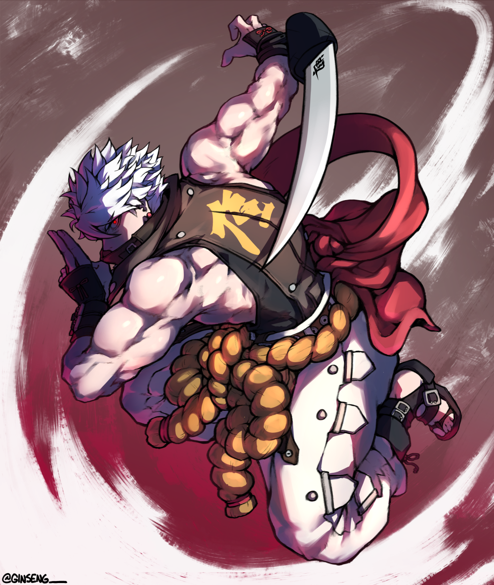 1boy arm_blade bare_shoulders biceps black_sandals black_shirt chipp_zanuff commentary compression_shirt covered_mouth earrings english_commentary ginseng_(xin) glowing glowing_eye guilty_gear guilty_gear_strive jewelry kuji-in male_focus pants red_eyes rope_belt sand sandals shaded_face shirt short_hair solo spiked_hair toned toned_male twitter_username weapon white_hair white_pants
