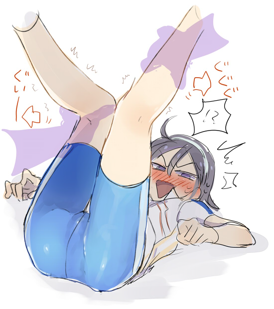 1boy ass black_hair blush disembodied_hand gomotk leg_grab leg_up male_focus simple_background skin_tight socks solo sportswear sweat toudou_jinpachi yowamushi_pedal